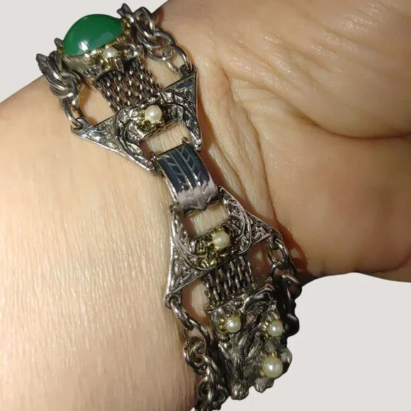 Bracelet Green Stone Cabochons Vintage Art Deco Silver Tone Faux Pearl Accents - Picture 4 of 9
